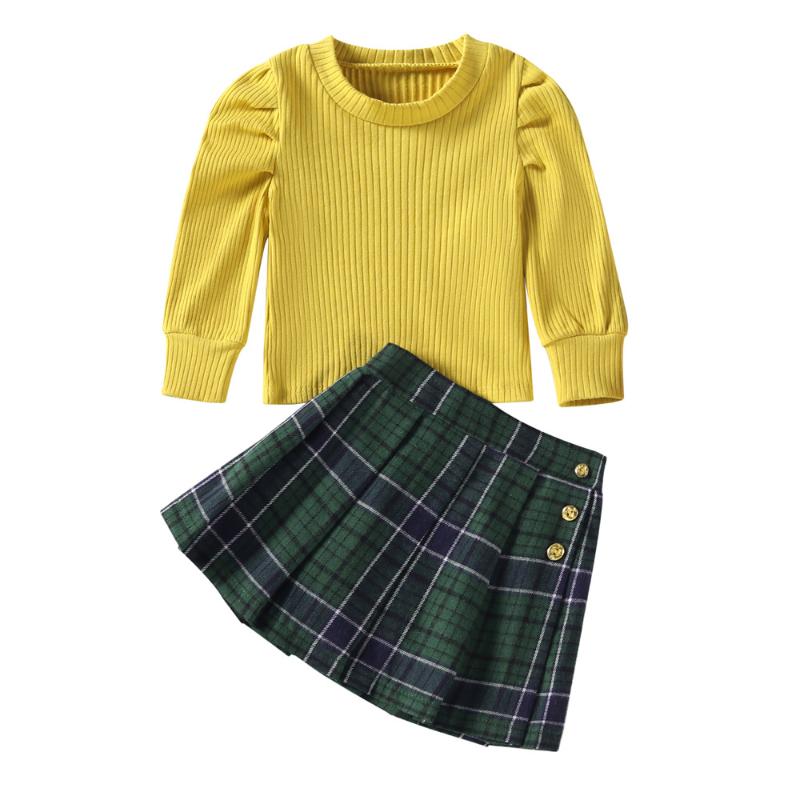 

Clothing Sets 2022 1-6Y Kids Girl Clothes Set Spring Fashion Yellow Puff Long Sleeve Knitted Pullovers Sweater+Button Green Plaid A-line Ski, White