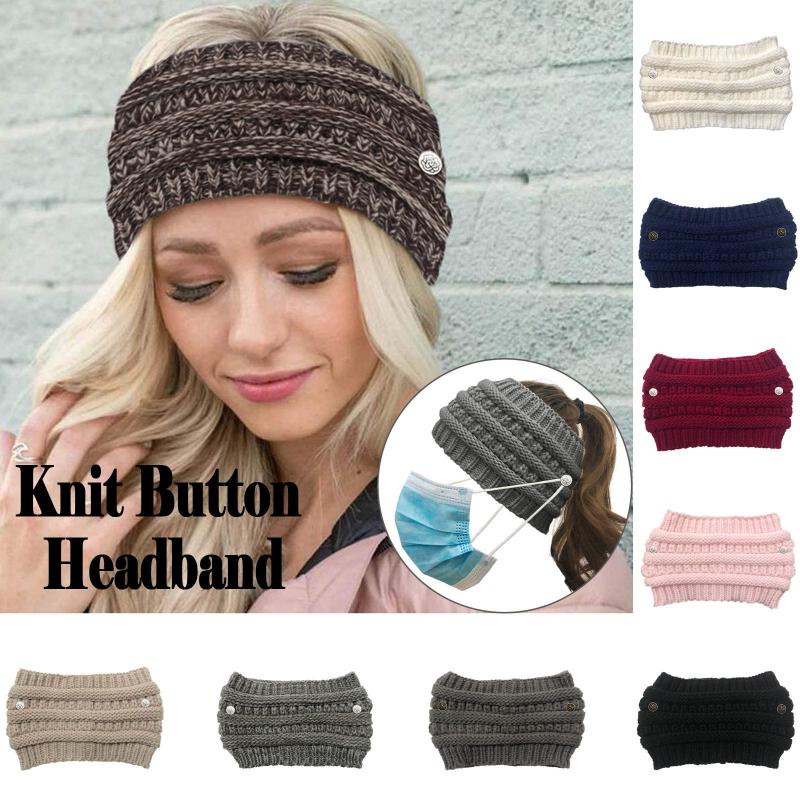 

2020 Winter Women Knitting Headband Fashion Outdoor Multicolor Splice Hats Crochet Knit Holey Button Headband Cycling #j2p