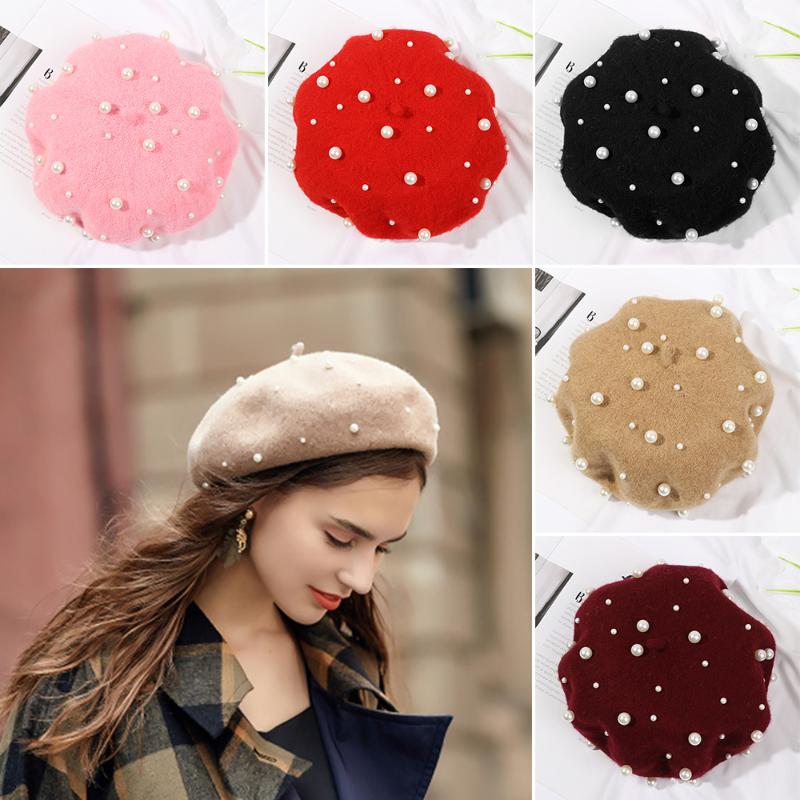 

1PC Pearl Wool Beret Hat Autumn Winter Adjustable Thicken Soft Warm French Beading Casual Elegant Painter Cap Women Fashion, Black