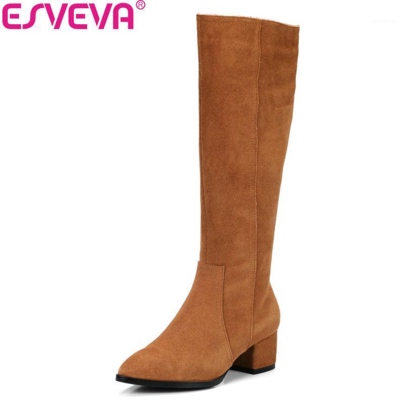 

ESVEVA 2020 Women Boots Pointed Toe Slim Look Cow Suede+PU Over The Knee Boots Square High Heels Warm Fur for Size 34-391, Black