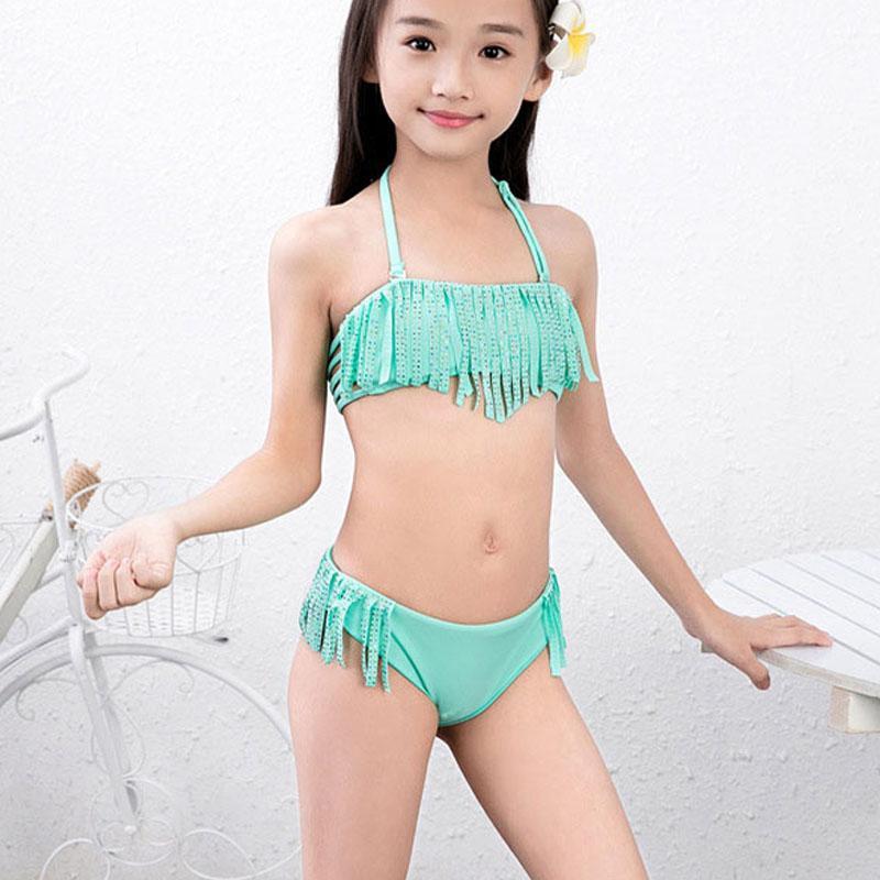 

Women's Swimwear 6-16Y Girls Bikini Set Baby Summer Tassel Kids Split Swimsuit Beachwear Children Biquini Gifts1, Green