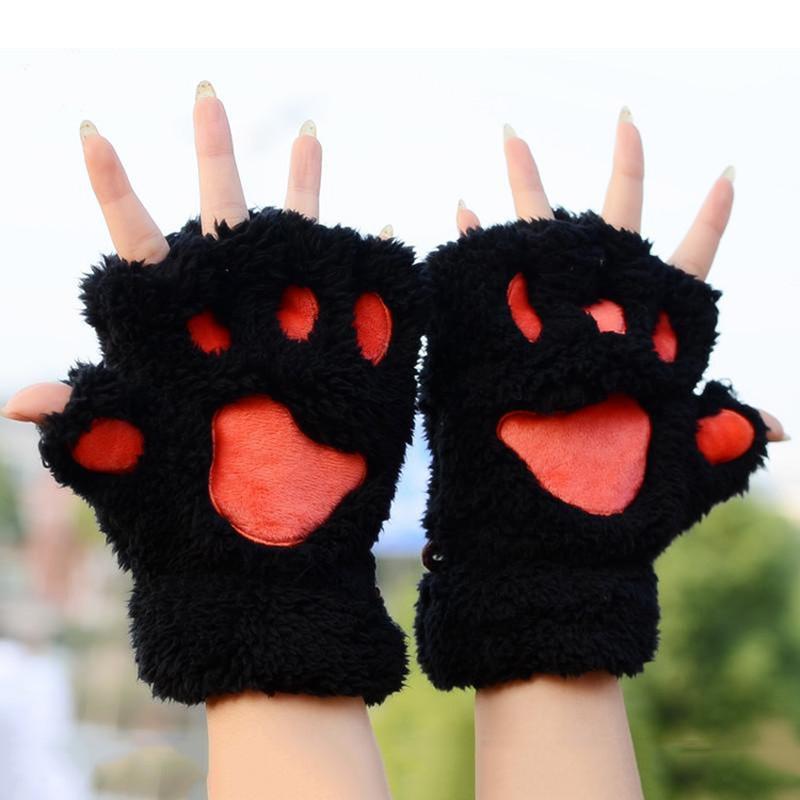 

1 Pair Women Cute Cat Claw Plush Mittens Warm Soft Short Fingerless Gloves Lovely Fluffy Bear Half Fingers Gloves