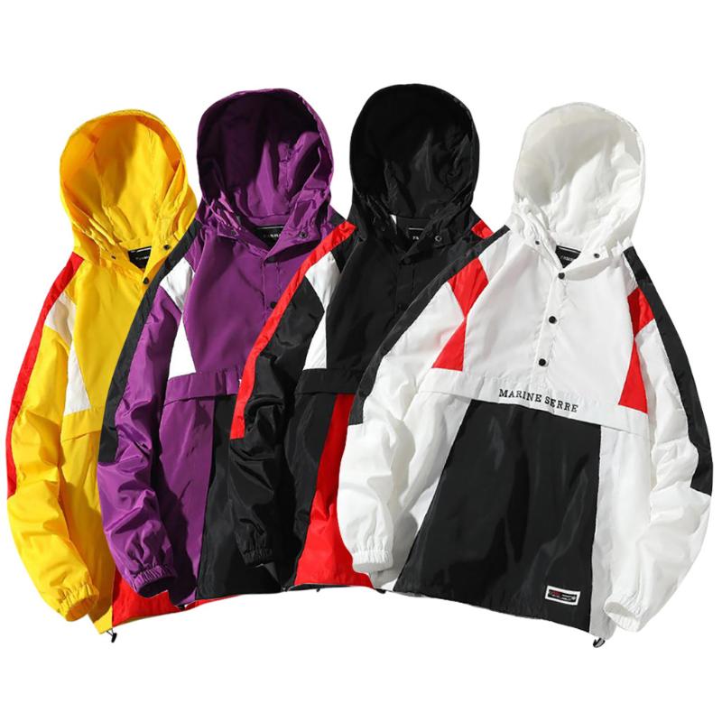 

Hooded Jackets Men New Patchwork Color Block Pullover Jacket Fashion Tracksuit Coat Men Hip Hop Streetwear Jacket In Stock