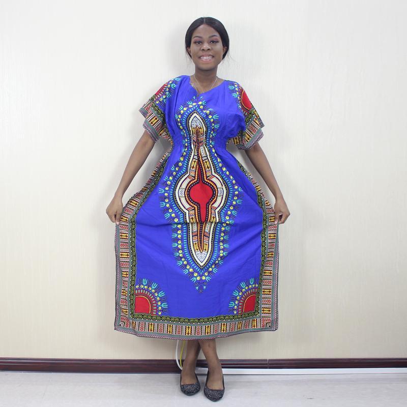 

Dashikiage Fashion Autumn Dashiki Pattern Printed Blue 100% Cotton Short Sleeve African Dresses For Women