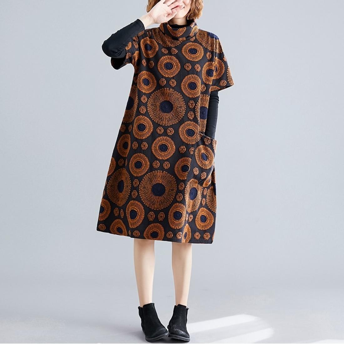

Large Size Fat Sister Loose And Thin Mid-length Print High Neck Dress