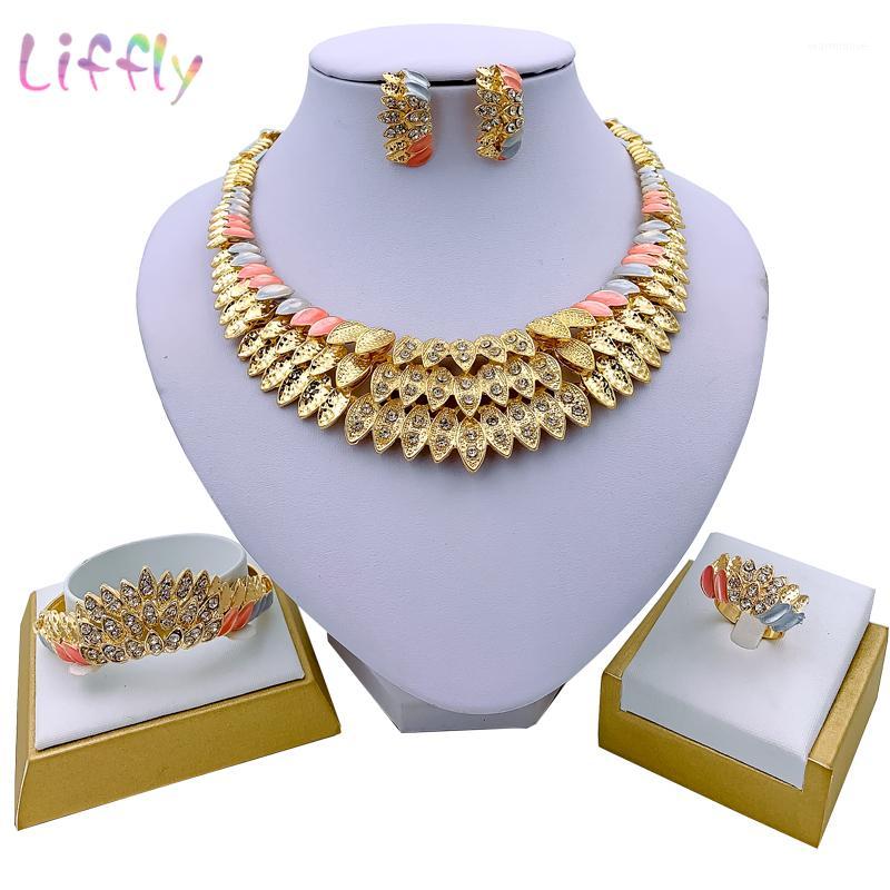 

African Charm Women Fashion Jewelry Sets Leaf Shape Necklace Bracelet Earrings Ring Wedding Bridal Crystal Jewelry1, As pic