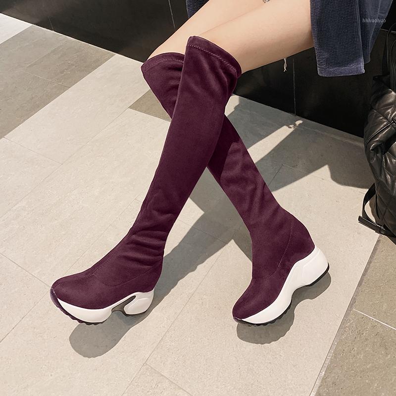 

AIWEIYi Flock Women Stretch Boots Round Toe Slip On Footwear Platform Female Boot Thick Heels Over The Knee Shoes Women Winter1, Darkgrey