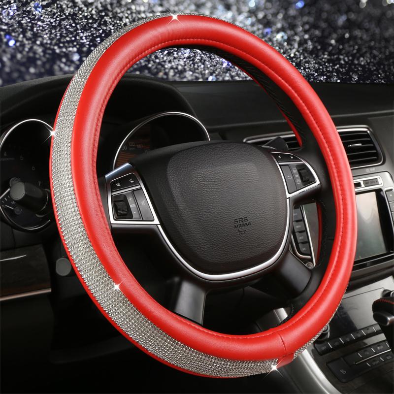 

Luxury Crystal Steering Wheel Covers Car Cover on Steering-Wheel Pink Red Beige Leather Auto Interior Accessories Rhinestone