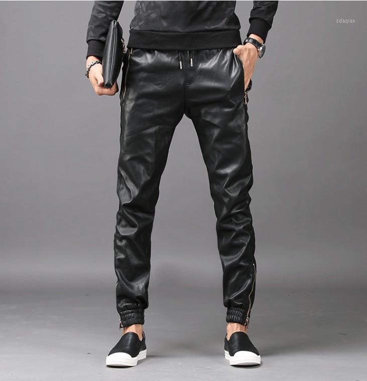 

Tsingyi Zipper Faux Leather Harem Pant Men Streetwear Biker Motorcycle Full Length Elastic Waist PU Leather Pencil feet Trousers1, Black
