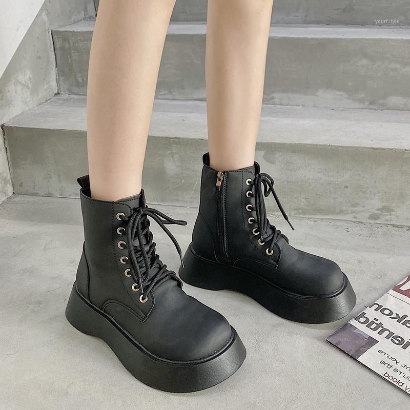 

Fashion Motorcycle Platform Boots Women Thick Sole Round Toe PU Leather Ankle Boots Woman 2020 Autumn Lace Up Black Botas1, Bright black