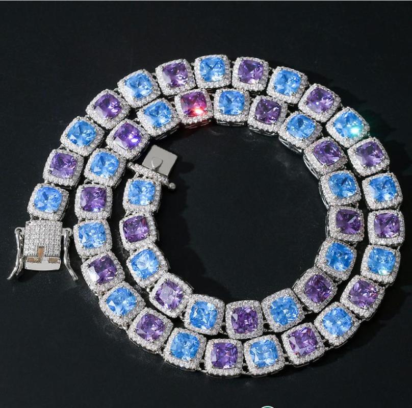 

Chokers Blue And Purple 10mm Square Necklace Chain Men's Hiphop Link Finish Zirconia Copper Gold Color Fashion Jewelry