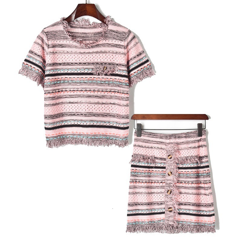 

New Women Tassel Sweat Suits Striped T-shirt Mini Skirt Buttons 2 Piece Define 2021 Summers Tank Tops Ladies Elegant Clothes O-neck Tizk