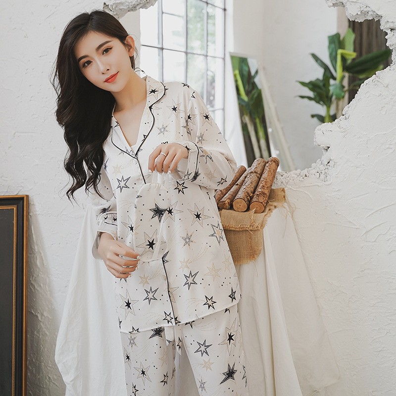 

Satin Sweet Stars of Noble Silk Women's Pajamas Define Korea Elegance Long Sleeve Pyjama 3pcs Pyjamas Ng5i, White