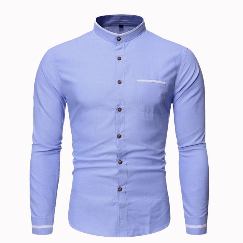 

New Men Autumn Casual Slim Fit Shirt Fashion Men Solid Business Casual Button Up Shirt Stand Collar Long Sleeve Shirts, Hot pink