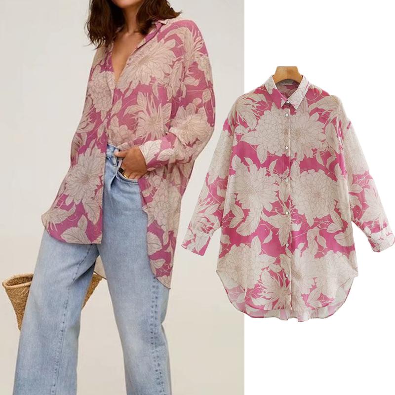 

2021 New Fashion Flower print Women Blouses Long Sleeve Turn-down Collar Chiffon Blouse Shirt Casual Tops Loose Work Shirt