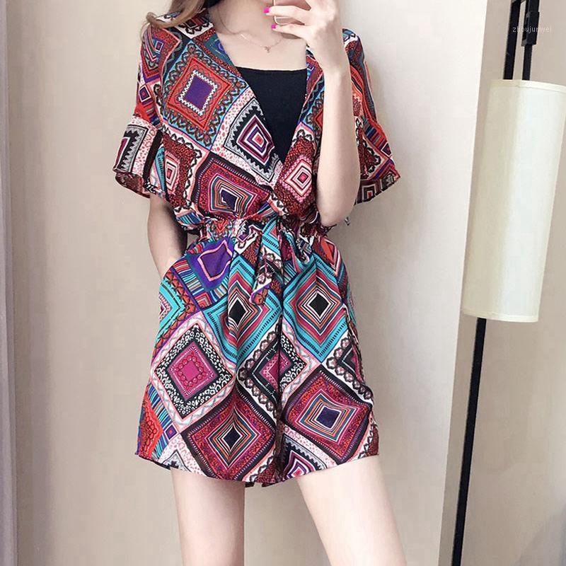 

Women' Jumpsuits & Rompers Summer Floral Print Deep Jumpsuit Women Casual Short Sleeve Bodycon Club Bodysuit Long Pants, The picture color