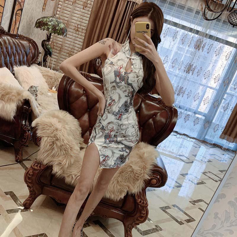 

Cheongsam Lingerie Women Mini Qipao Hollow Out Split Print Flower Elegant China Gown Package Buttocks Nightclub Chinese Dress1