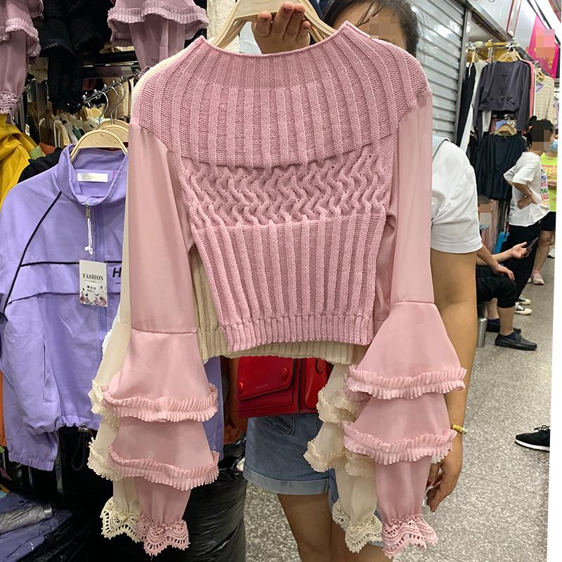 

A New Autumn Style Lantern Sleeve Stitched Knitted Half-High Collar Jacket Korean Style Thin and High Waisted Bottom Shirt, Black