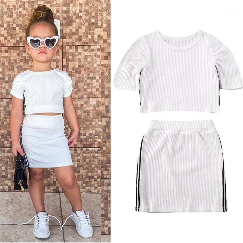 

2020 Baby Girls Sports Clothes 2 pcs white tracksuit Short Sleeve cotton T-Shirt Crop Top Mini Skirt girls Tennis Outfit set1