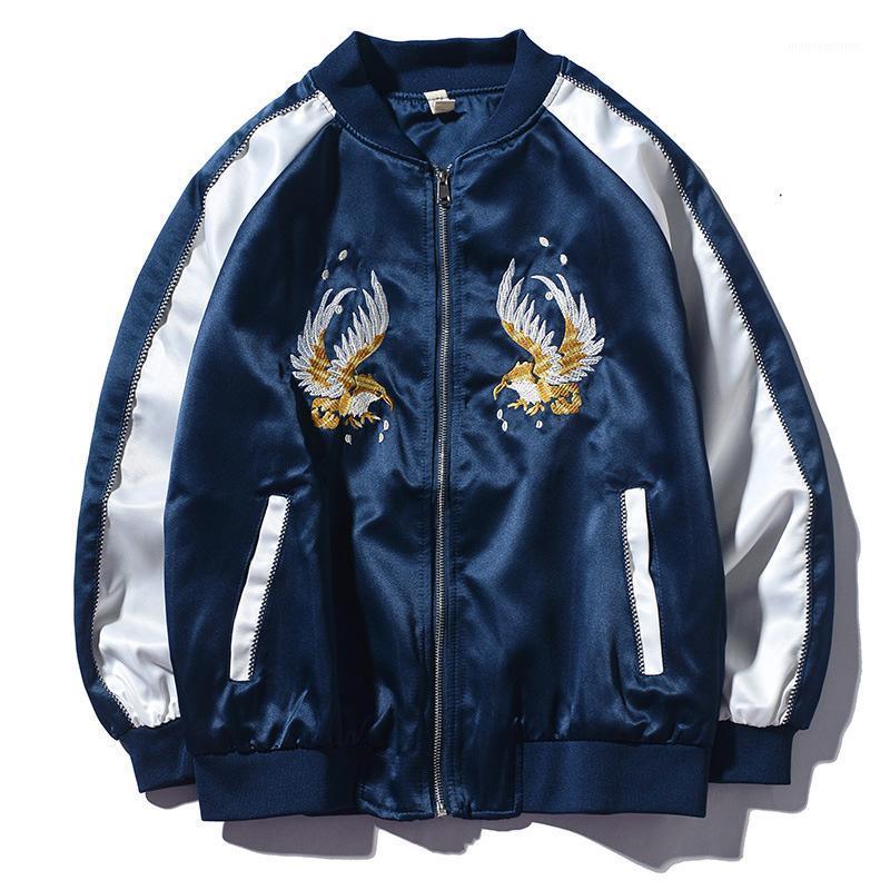 

Men Hip Hop Jacket Men Spring Autumn Jacket Spliced Embroidery Dragon/Bird Zipper Baseball Coat Clothing1, Black
