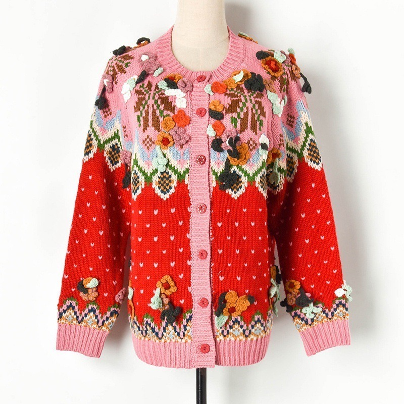 

New Luxo Handbook Crocheted Embroidery Cardigans Flowers 2021 Autumn Christmas Blusas High Street Jumper Clothes Pista 4non, Blue
