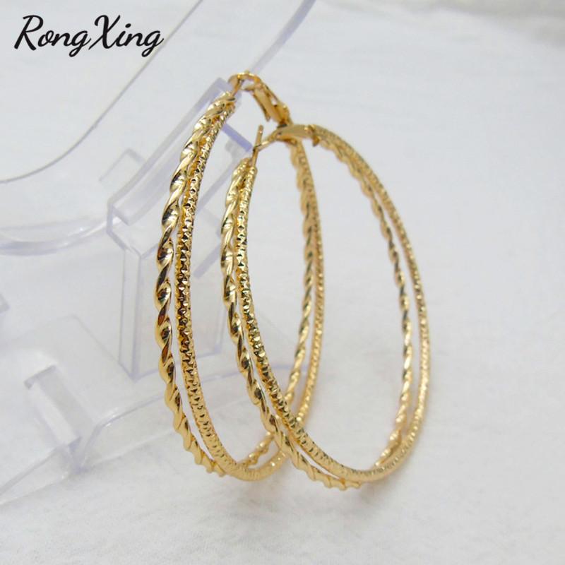 

RongXing Hip hop Style Double Layers Big Round Circle Hoop Earrings For Women Gold/Silver Color Luxury Party Jewelry Ladies Gift