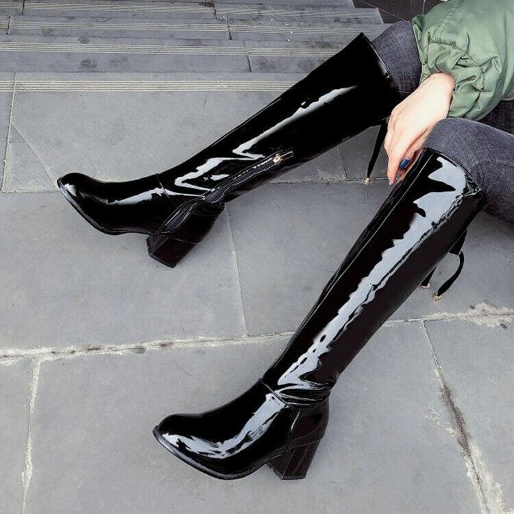 

Ladies Patent Leather Knee High Boots Zipper Block Heel Party Shoes Plus Size, White