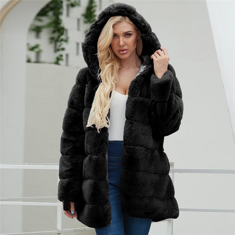 

Faux Fur Factory Faux Fur Coat Women Winter Fashion Artifical Hooded Coats Overcoat Female Furs Jacket O16, Black