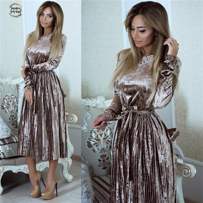 Long Vintage Sleeve Velvet Dress Women Bodycon Belted Midi Dress Spring Pleated Party Dresses Vestidos Robe Femme designer clothes-image-596584346