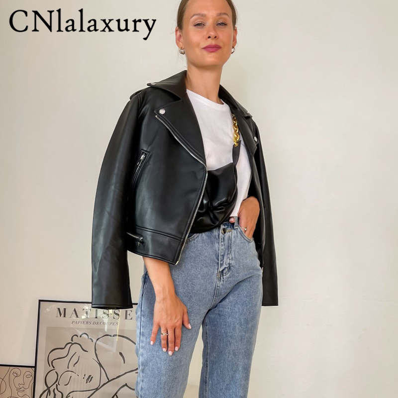 

CNlalaxury 2021 New Spring Autumn Bla Soft Faux Pu Leather Short Jaet Women Lapel Pu Coat Bla Zipper Motorcycle Outwwear, Black