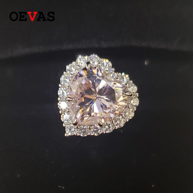 

OEVAS 100 925 Sterling Silver Pink Red High Carbon Diamond Heart Wedding Rings For Women Sparkling Party Fine Jewelry Wholesale