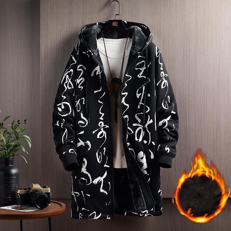 

Men Loose Windbreaker Thickened with Velvet Hooded Jacket Trend Printed Overcoat Casual Long Coat, Black