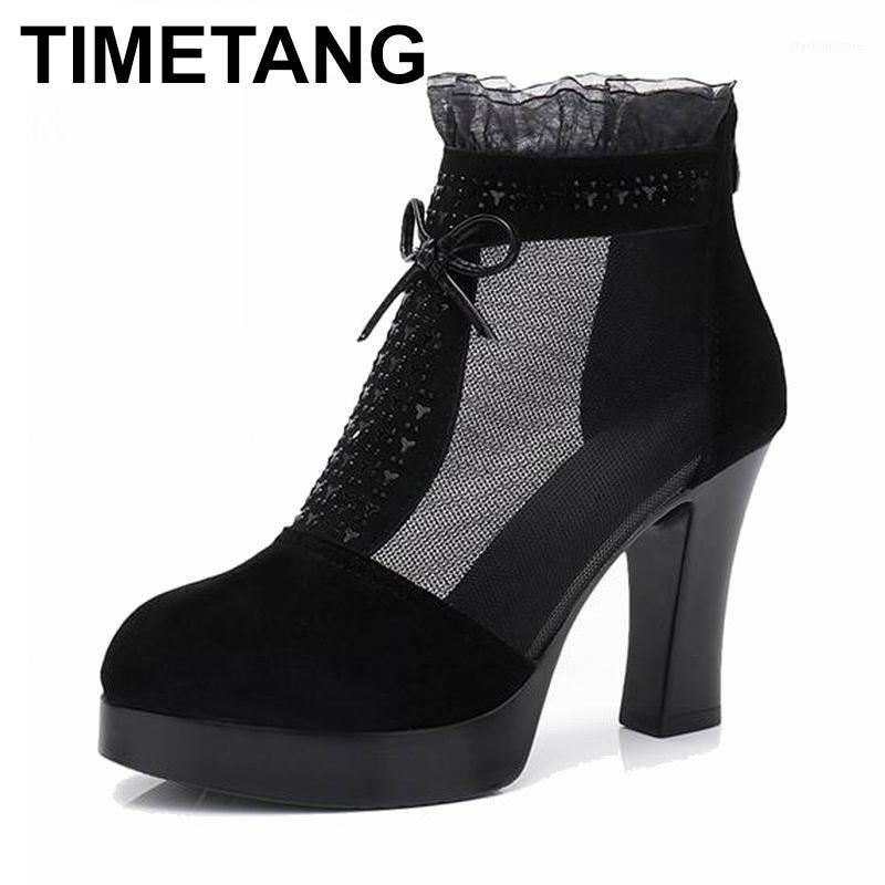 

TIMETANG Genuine Leather Ankle Boots Nice Spring Hollow Mesh Boots High Heels Women Shoes Female Fashion Summer Shoes Rhinestone1, Black