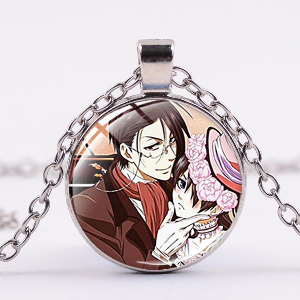 

Trendy Black Butler Necklace Phantomhive Ciel Sebastian Anime Character Glass Photo Silver Plated Necklace for Men Women