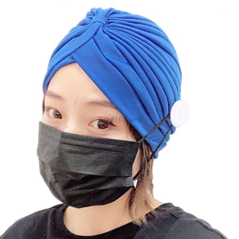 

Women Sport Turban Hat with Button Ma sk Holder Pleated Solid Color Muslim Beanie Chemo Cap Cross Knot Head Wrap1