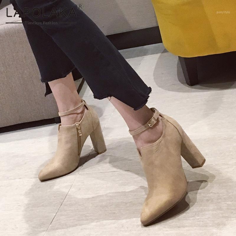 

Lapolaka 2020 New Arrivals Kid Suede Women Boots Square Heel Pointed Toe Metal Decoration Boots Spring/Autumn Women Shoes1, Black