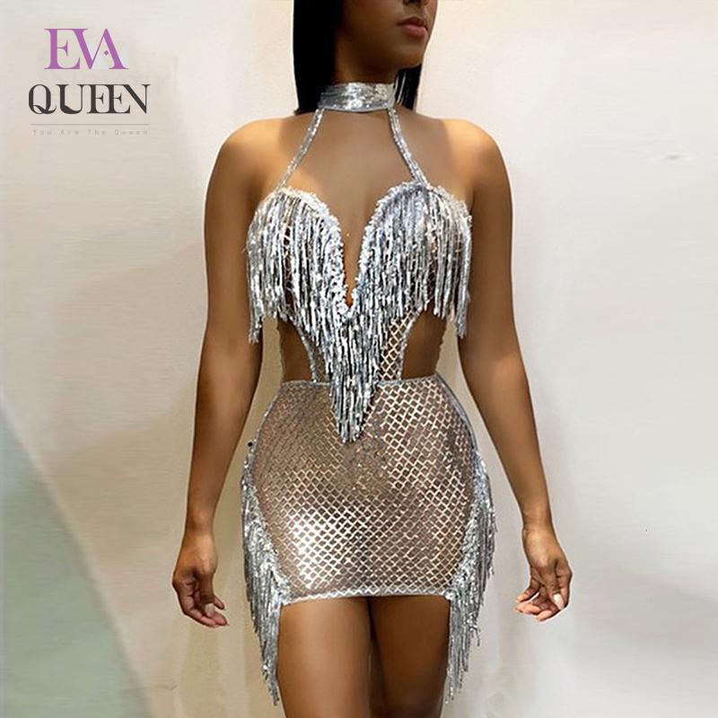 

EvaQueen Tassel Sequin Party Dress Women Hollow Out Sexy Dress Mini Halter Club Summer Autumn Dresses Ladies Vestidos 2020 New, Gold