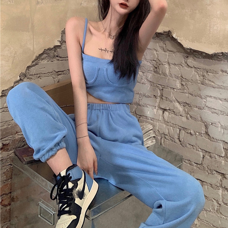 

Women of Two Sexy Sport Tank Tops Define Elastic Waistline Female Jogger Pants Streetwear 2 Parts Workout Msdt, Blue