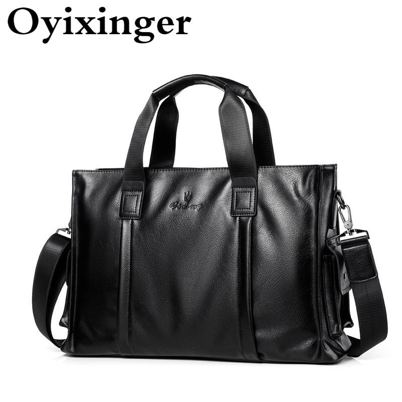 

OYIXINGER Men's Briefcase Men Leather Shoulder Bag Large Capacity Business Handbags For 15Inch Laptop Classic Solid Black Bags