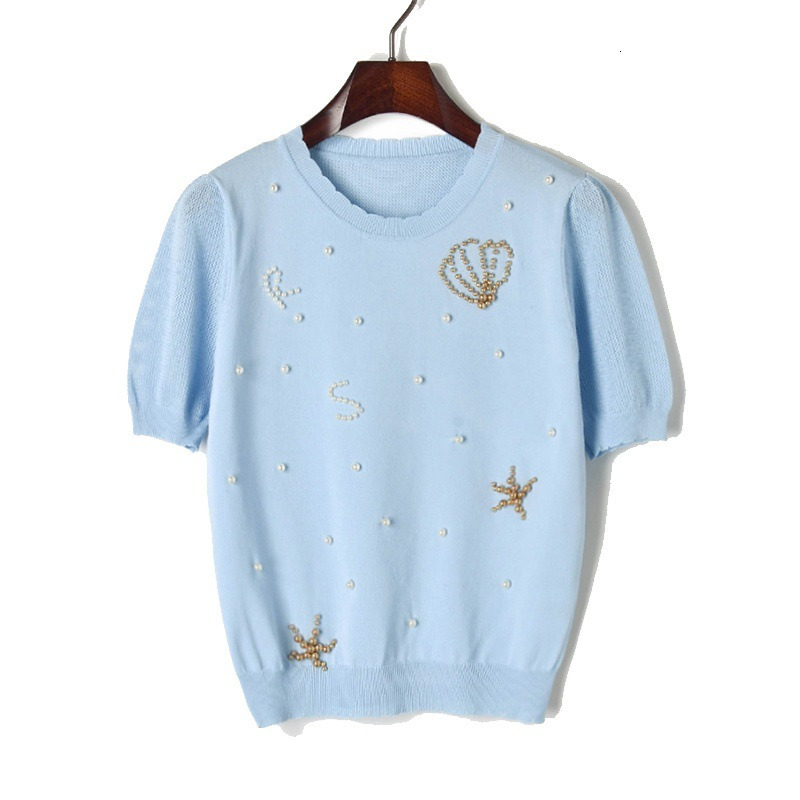 

2021 Summer Fresco Malha Crossroads Beading Luxury Crown Letters T-shirt Ladies'oceans Out Candy Short Top Pullover Thin Qher, White