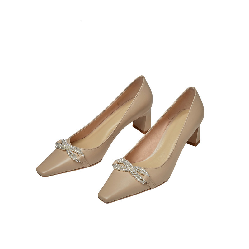 

2021 New Large 34-43 Female Pumps Genuine High-heeled Summertime Shallow Plaza Toe As Party Shoes OS7K, Rice white
