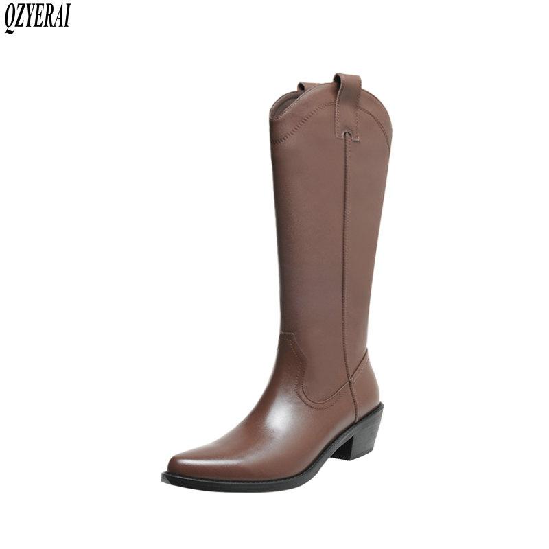 

QZYERAI knee boots Genuine leather black brown Female boots knight Women's shoes Women's Autumn and winter