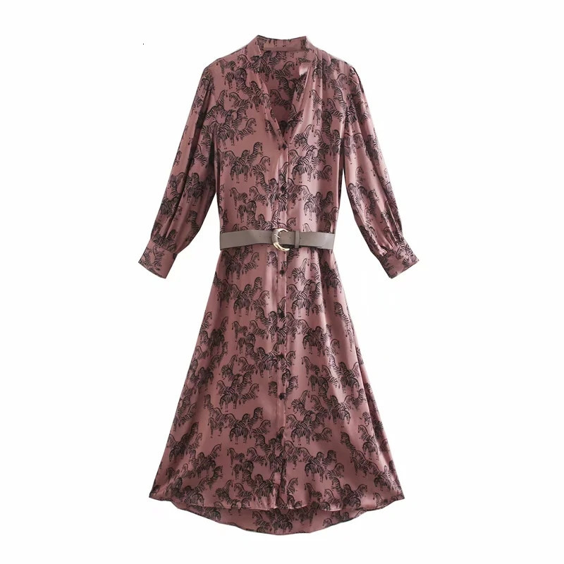 

2021 Print Satin Women Belt Winter Vintage Long Sleeve Midi Dress Female Elegant New Year Dresses Uuvz
