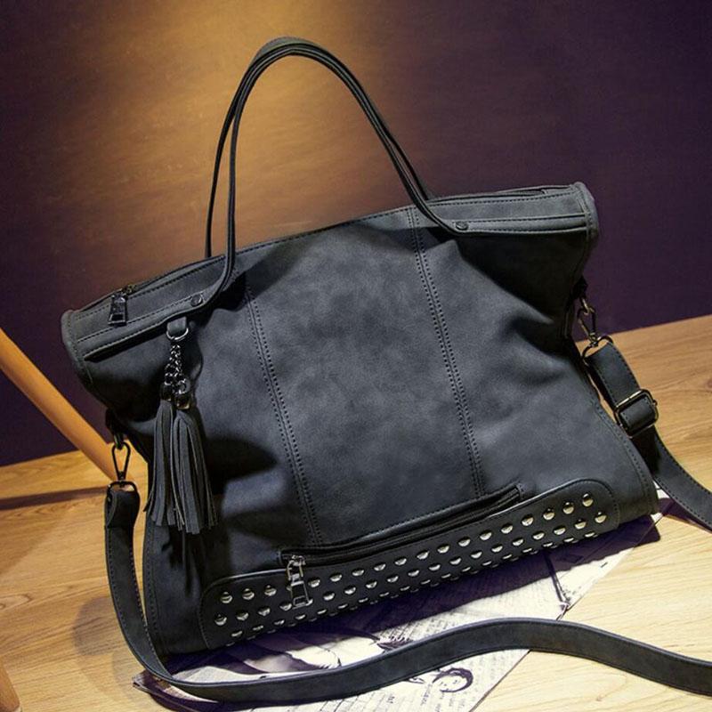 

Vintage PU Leather Bag For Women Handbag Large Capacity Lady Shoulder Bag High Quality Crossbody Messenger Tassel Tote Bags, Black