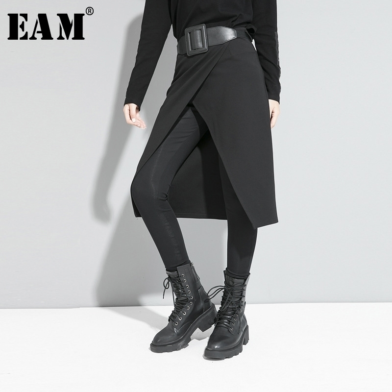 

[EAM] High Elastic Waist Black Stitch Long False Two Trousers New Loose Fit Pants Women Fashion Tide Spring Autumn 1S191 201118