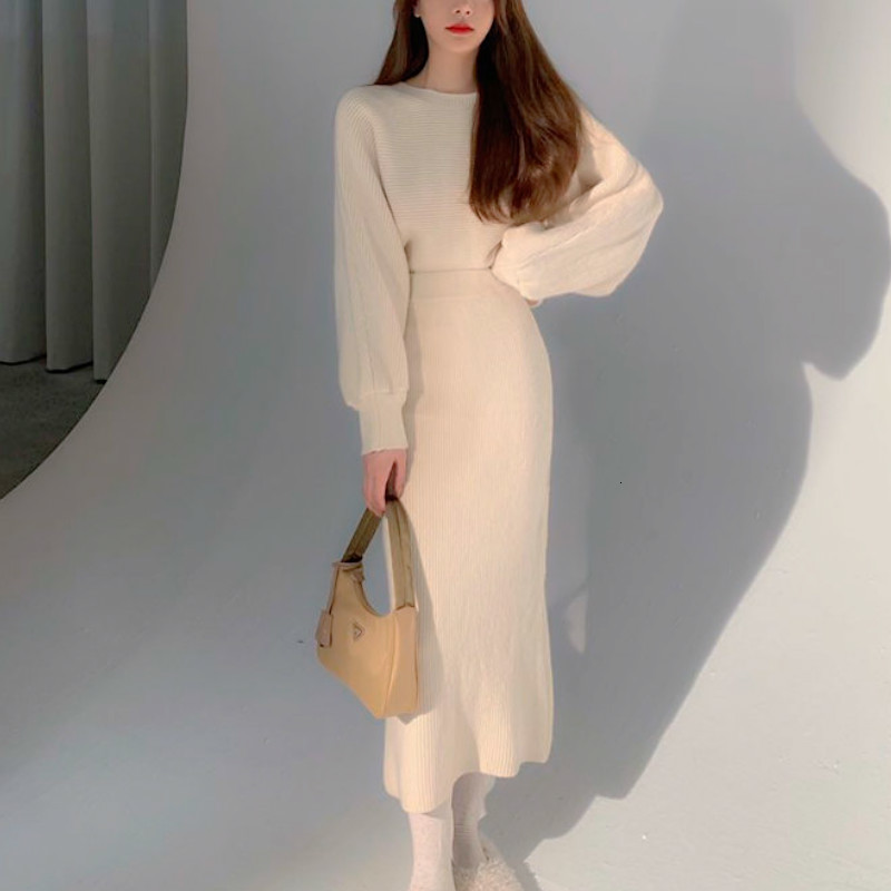 

2021 New Knitted Two Piece Women Autumn Winter Casual Sweater Sets Office Ladies Korean Style Chic Elegant Suits Tk4u, White