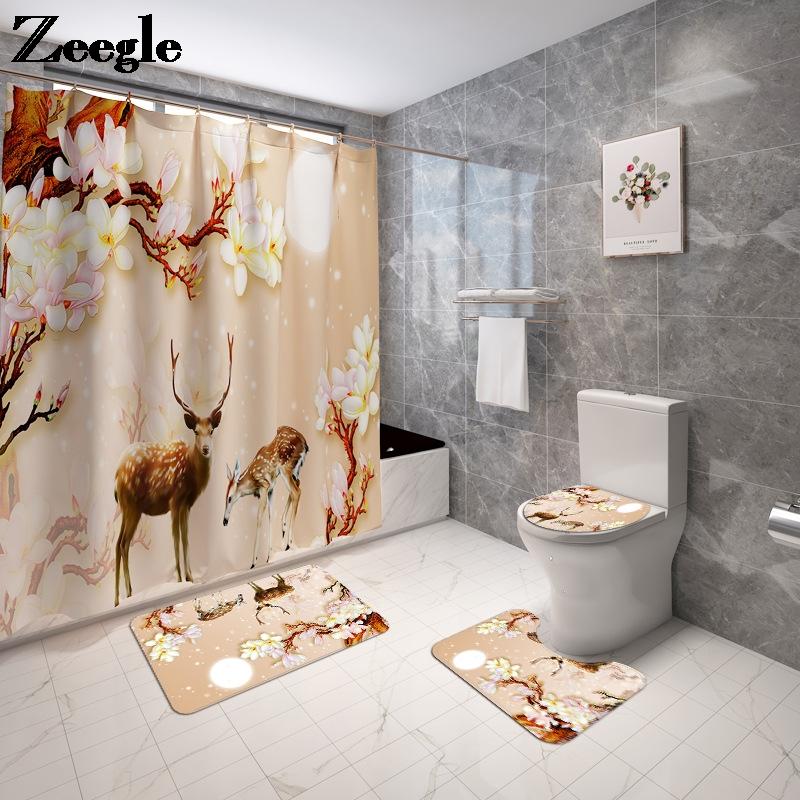 

Animal Bathroom Bath Mat and Shower Curtain Absorbent Toilet Non-Slip Floor Mat Bath Rugs Shower Room Toilet Carpet Mats