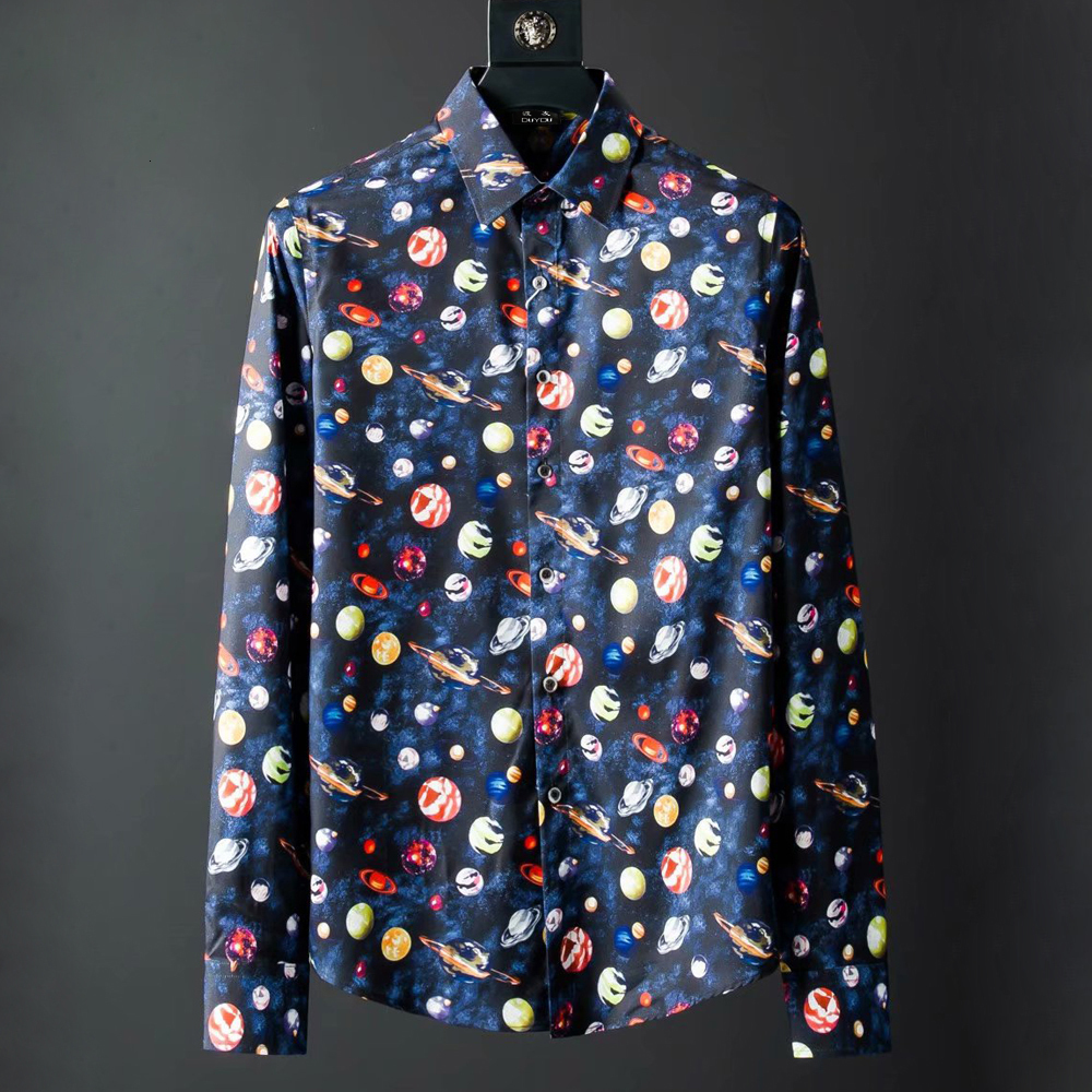 

100% Cotton Men Long Sleeve Mens Slim Fit Dress Male Cosmic Starry Planet Printed Casual Shirt Amrv, Blue