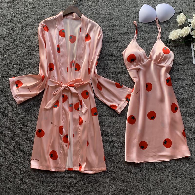 

Pink Printed Women Robe Set Satin Silky 2PCS Sleepwear Female Nighty&Robe Set Causal Sleep Summer Loose Home Clothes, Style 1