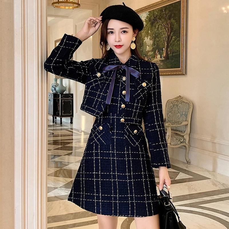 

2020 Winter Blue Plaid Tweed Wool Short Jacket + Sleeveless Vest Dress Suit Women' Bow Pocket Jacket Set Ladies 2-Piece Dress